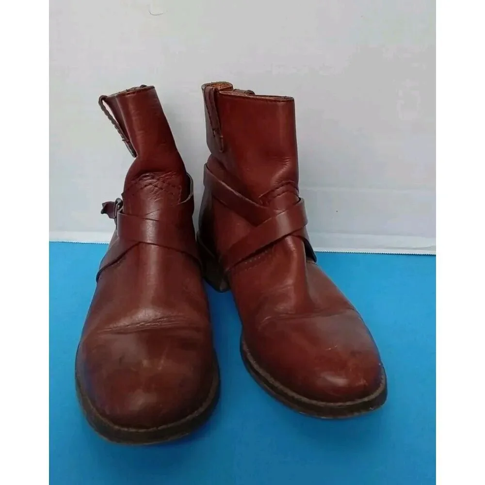 Vintage Brown Leather Ankle Boots‎ with Wrap-Around Buckle Strap Combat Style